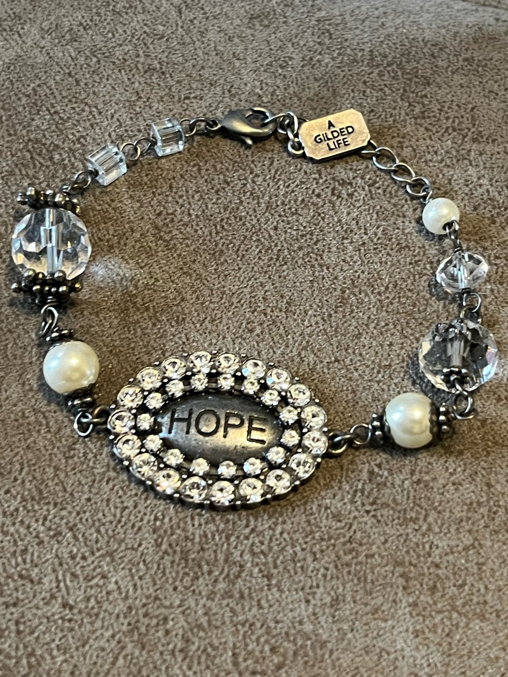 Faux Crystal & Pearl 'Hope' Antiqued Bracelet - Clear/Silver